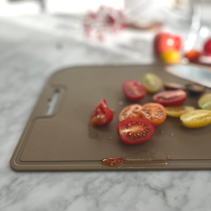 Korean Made Thick Silicone Double-Sided Usable Cutting Board 14.3" x 5.7" Foldable Design Drip Groove Grip Handle Dishwasher Safe 1PCS Stocking Stoffer Gift for Mom (Brown)