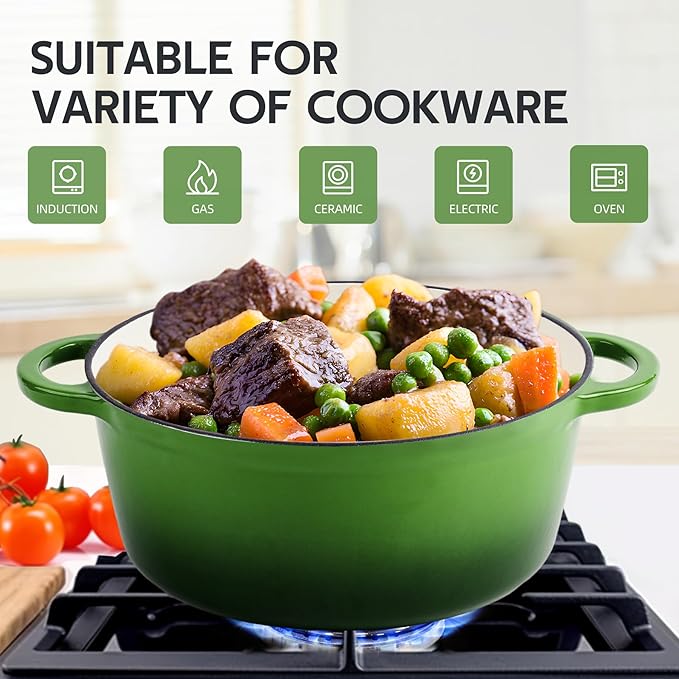 4 Quart Dutch Oven Enameled Cast Iron with Lid - Big Dual Handles - Oven Safe up to 500°F - Classic Round Pot for Versatile Cooking Green
