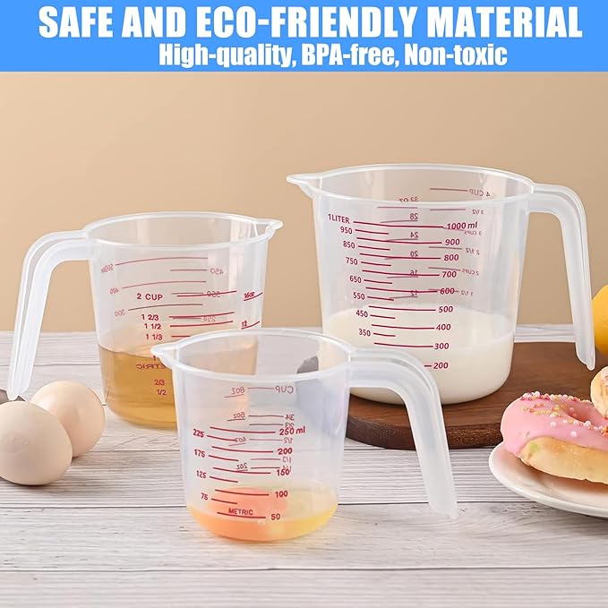 3 Pack Measuring Cup Set, Includes 250Ml (1-Cup), 500Ml (2-Cup) and 1000Ml (4-Cup) Plastic Liquid Measuring Cups- Baking, Cooking, Mixing & Measuring Cups, Essential Kitchen Tools