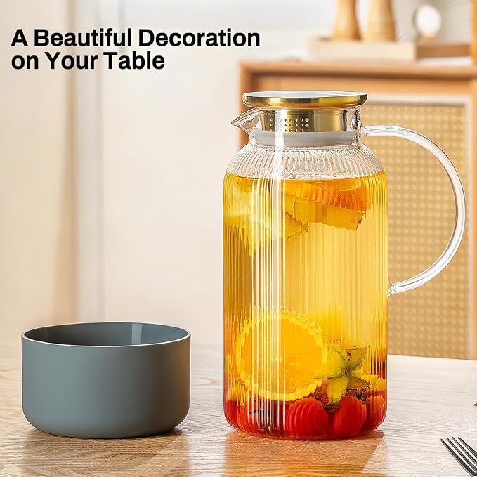 2 PACK Glass Pitcher with Lid, 68 oz/ 2 Liter Classic Vertical Stripes Water Pitcher with Silicone Base, Glass Water Carafe for Cold Brew, Coffee, Lemonade, Iced Sun Tea,Beverage,Heat Resistant