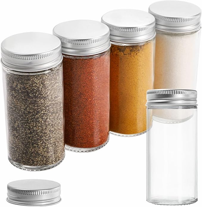 Tebery 30 Pack Round Spice Bottles Jars with Silver Lids, 3oz Empty Glass Spice Containers Shakers Complete Organizer Set Includes Shaker Lids, Wide Funnel, Labels and Cleaning Brush