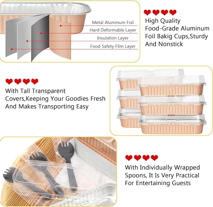 Disposable Mini Cake Pans with Lids 50 Pack,LNYZQUS 6.8oz Rectangle Baking Cups Muffin Tins, Aluminum Foil Baking Tins Mini Loaf Baking Pans Holders-Champagne