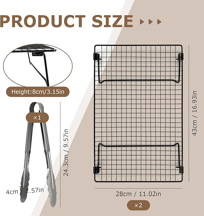 2-Pack 16.9x11inch Cooling Rack with Collapsible Legs & Stainless Steel Food Tongs - Folding Cooking Baking Grilling Rack for Oven, Drying, Roasting (Black)