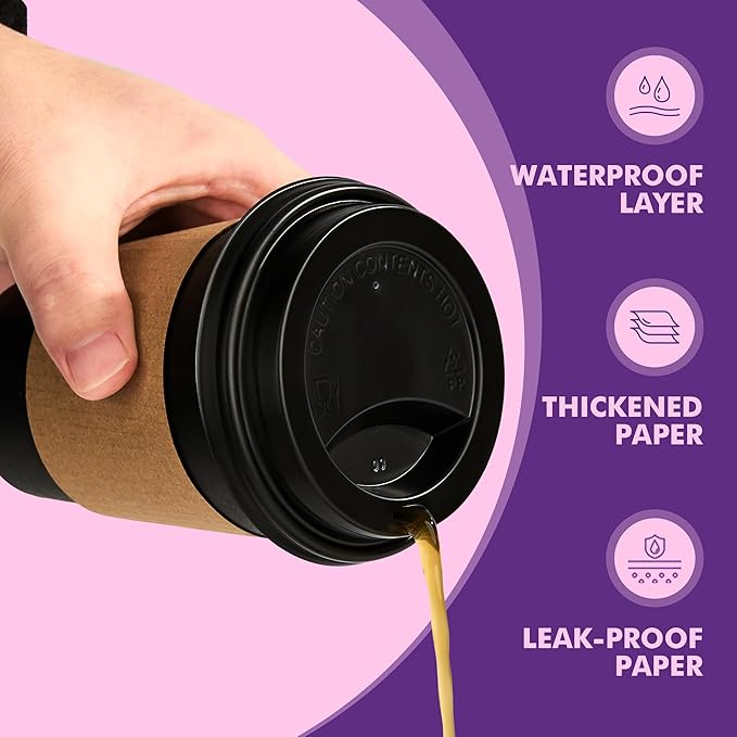 12 oz 50 Pack Black Disposable Paper Coffee Cups with Lids, Sleeves and Straws, Disposable Hot Cups for Coffee, Tea, Cocoa, Water
