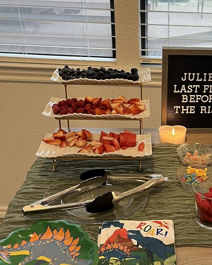 LAUCHUH 3 Tier Trays Stand, Porcelain Serving Trays Collapsible Sturdier Stand Serving Platters Dessert Table Display Set for Indoor Mother's Day Party, Entertaining, Gold, 12.2 Inch