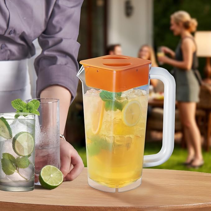 CURTA 1 Pack 2 Liters/68 oz Plastic Square Pitcher with Lid & Handle for Kitchen,ICED JUICE and Coffee Carafe Beverage Serveware, Acrylic Water Jug for Hot/Cold Drinks&lemonade