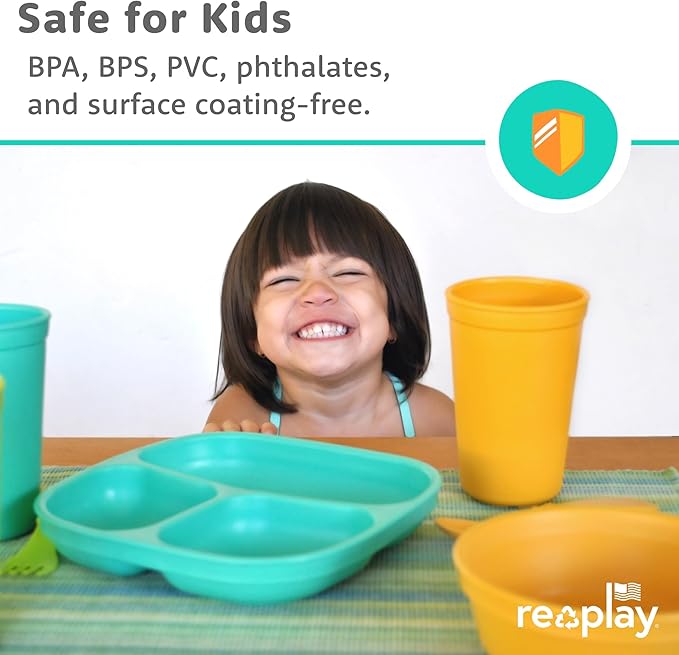 Re-Play Toddler Plates with Dividers - Deep-Walled 3 Compartments Divided Plates for Kids - Dishwasher & Microwave Safe - Made in USA - Set of 3-7.37" x 7.37" x 1.25" - Tulip