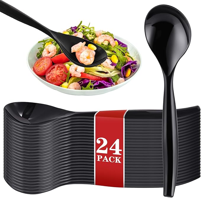 Mwellewm 10" Serving Spoons Plastic Serving Utensils 24 Packs Disposable Spoons for Buffet Large Heavy Duty Black Plastic Soup Spoons Catering Supplies for Parties Weddings Gatherings Holiday