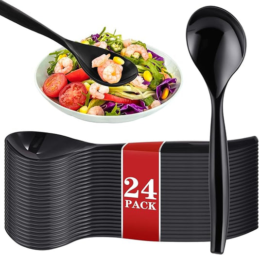 Mwellewm 10" Serving Spoons Plastic Serving Utensils 24 Packs Disposable Spoons for Buffet Large Heavy Duty Black Plastic Soup Spoons Catering Supplies for Parties Weddings Gatherings Holiday