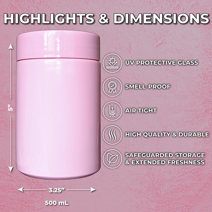 Treehouse Smell Proof Container (500mL) for Herbs, Spices, Coffee, Teas & More, Double Sealed Air Tight Jar, Thick UV Protection Glass, Smell Proof Herb Storage, x2 Resealable Smell Proof Bags (Pink)