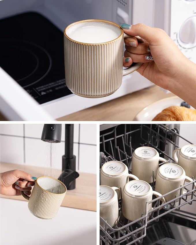 famiware Coffee Mug Set for 6, Star 12 oz Catering Mugs Cup Set with Handle for Coffee, Tea, Cocoa, Milk - Ceramic Stoneware Drinkware Set, Cappuccino White (Pack of 2)