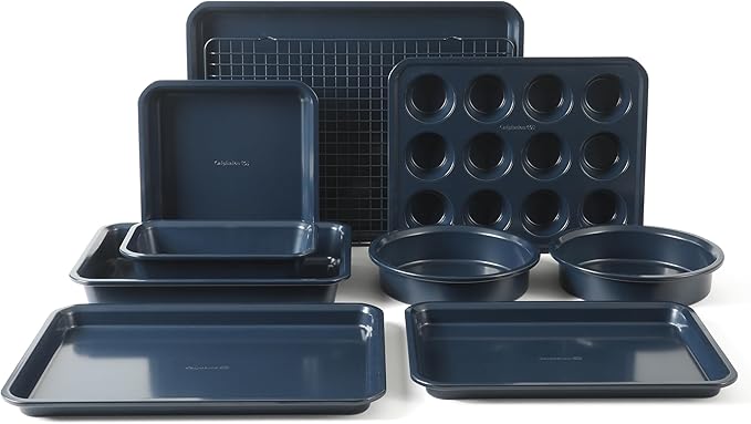 Calphalon Legacy 10-Piece Nonstick Bakeware Set, PFA-Free Nonstick Coating, Oven Safe, Includes Sheet Pans, Muffin Pan, Round Cake Pans, Loaf Pan and Cooling Rack, Navy Blue