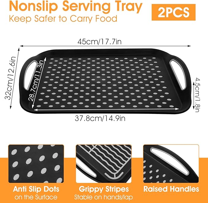 2Pcs Large Nonslip Serving Tray with Handles, Silicone Grippy Dots Lap Trays for Eating on Couch, Serving Trays for Snack Fruit Dessert Breakfast Drink, Dishwasher Rectangular