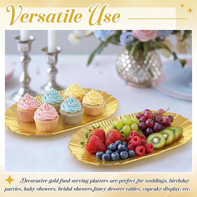 12 Pcs Gold Plastic Serving Tray Bulk, 14.5" x 8.6" Rectangle Gold Party Platters Reusable Decorative Dessert Table Serving Trays Snack Food Tray for Cupcake Cookie Wedding Birthday Party
