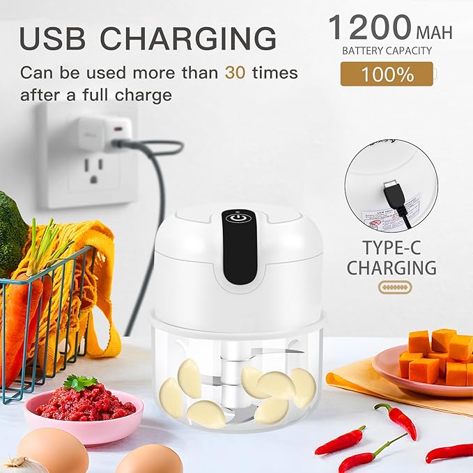 EASYSPEED Electric Garlic Chopper 1Cup, Mini USB-C Charging Food Processor, Garlic Mincer with 3 Stainless Steel Sharp Blades, Portable Kitchen Meat Grinder for Onion, Ginger, Chili, Baby Food, White