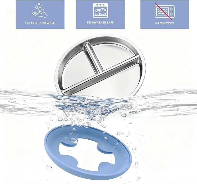 Stainless Steel Suction Plates for Toddlers, 8" Divided Kids Baby Plates with Removable Silicone Suction, Non Toxic Non Slip Portion Control Snack Dishes 3 Packs, Blue Gray Beige