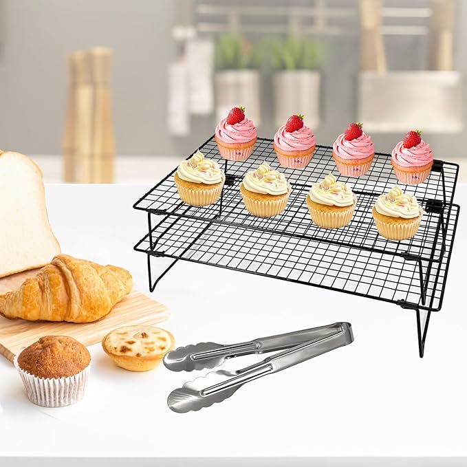 2-Pack 16.9x11inch Cooling Rack with Collapsible Legs & Stainless Steel Food Tongs - Folding Cooking Baking Grilling Rack for Oven, Drying, Roasting (Black)