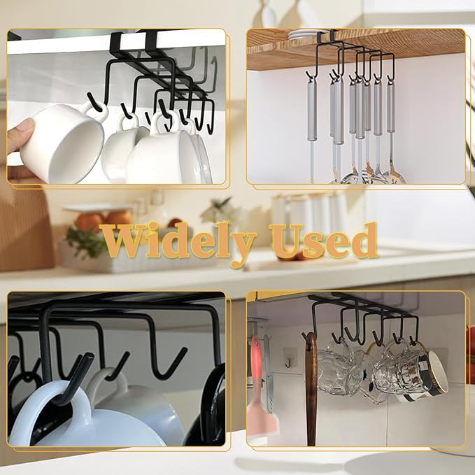 Mug Holder Under Cabinet,2pcs Coffee Mug Organizer for Kitchen,Fit for 0.8 Inch Thickness Shelf or Less,Nail Free Adhesive Coffee Cups Holder Hanger for Cups/Kitchen Utensils/Keys Storage (Black)