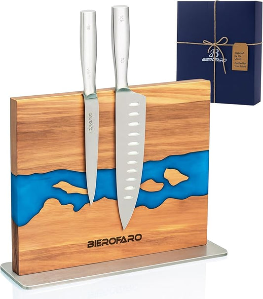 Magnetic Knife Block with Steel Base, Double‑Sided Knife Holder Made of Acacia Wood for Chef Knives, Modern Kitchen Countertop Organizer, Blue Resin River Design
