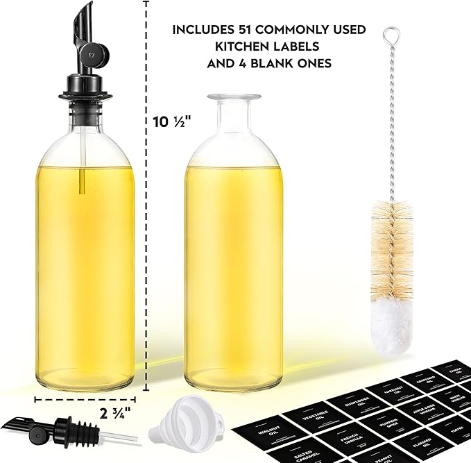Oil Dispenser for Kitchen - Glass Olive Oil Bottle Set of 2 (16.9oz) with Black Weighted Self-Closing Pourer - Cooking Oil Dispenser with 66 Labels, Aligner & Funnel