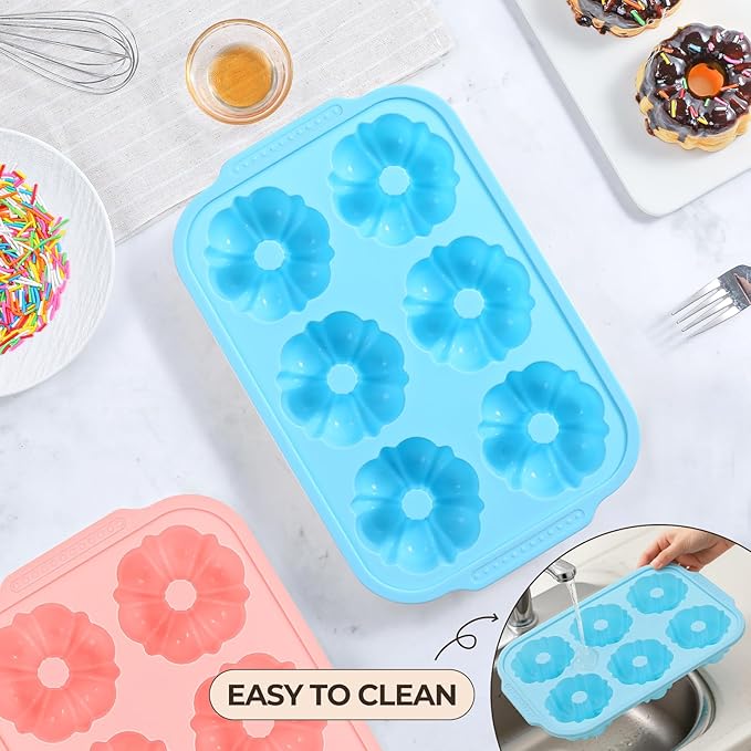 FUNBAKY Mini Fluted Tube Cake Pans for Baking with Metal Reinforced Frame, 2Pcs Silicone 6-Cavity Mini Flan Molds, Nonstick Baking Mold for Cupcake, Brownie, Donuts, Cornbread, Jello