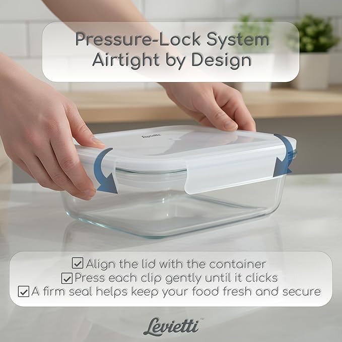 Levietti 2-Pack Borosilicate Glass Containers with Lids 35oz (1040ml) Airtight Leakproof Glass Food Storage for Leak-Free Fresh Meals, Leftovers, BPA-Free Locking Clips - Oven/Microwave/Freezer Safe