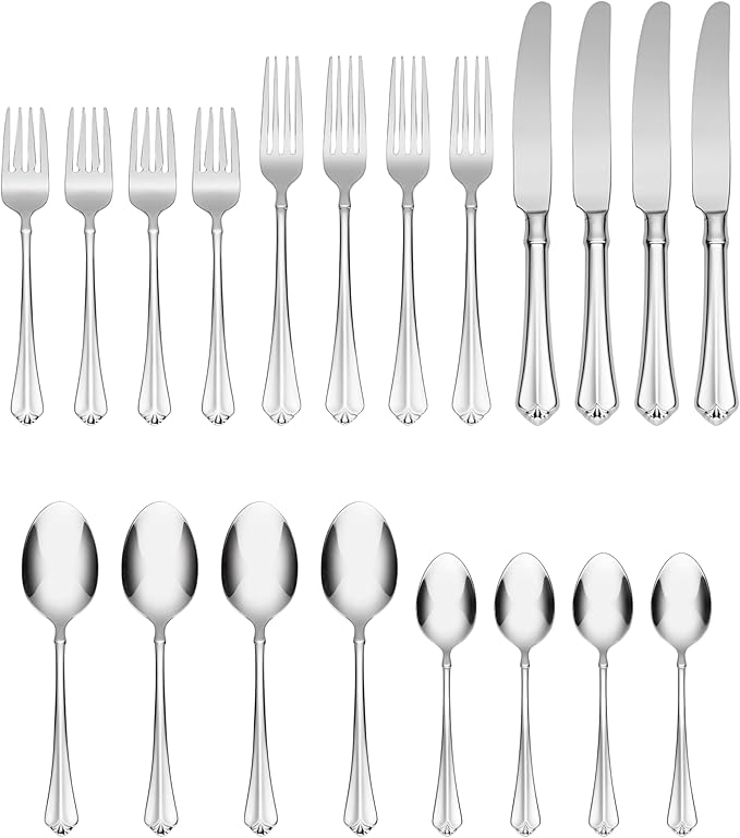 Oneida Silverware Set, Juilliard 20-Piece Fine Flatware Set, Service For 4, 18/10 Stainless Steel, Dishwasher Safe, Knives Spoons And Forks Sets, Home And Kitchen Utensils (Silver, 20 Piece)