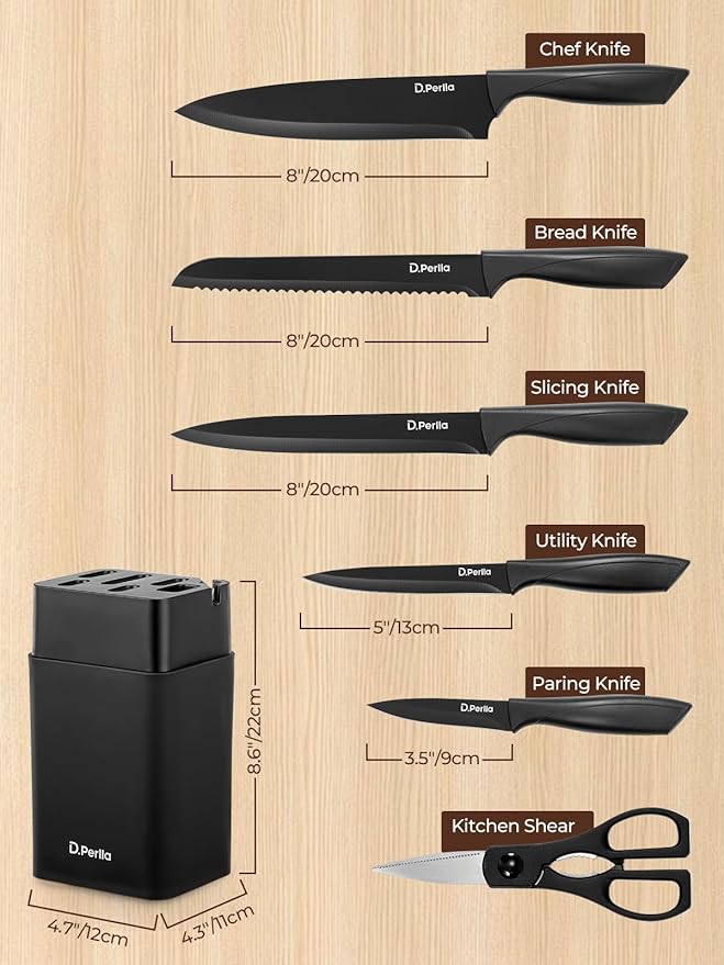 Knife Set, D.Perlla 8-Piece Kitchen Knife Set with Built-in Sharpener, Dishwasher Safe Non-stick & Non Rust, Black Coating Stainless Steel Knife Block Set, Sharp Chef Knives with Universal Knife Block