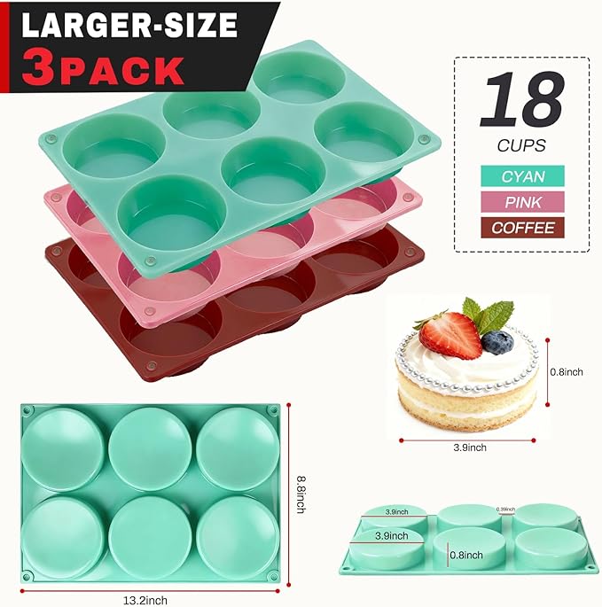3Pack Larger Silicone Muffin Pans for Baking, 18-Cavity Round Molds, Easy to Pop, Nonstick, Top Pan for Egg Bite, Sandwiches, Mini Cake, Chocolate Dessert, Hamburger Making