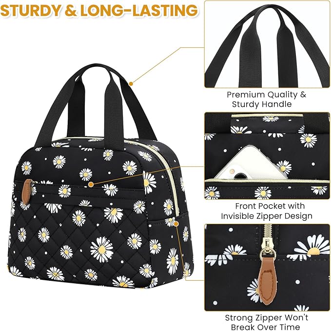 Insulated Lunch Bag for Women, Portable Lightweight Lunch Box for Adults, Reusable Small Lunch Tote Cooler Bags with Front Zipper Pocket for Work School Picnic(Black-Floral)
