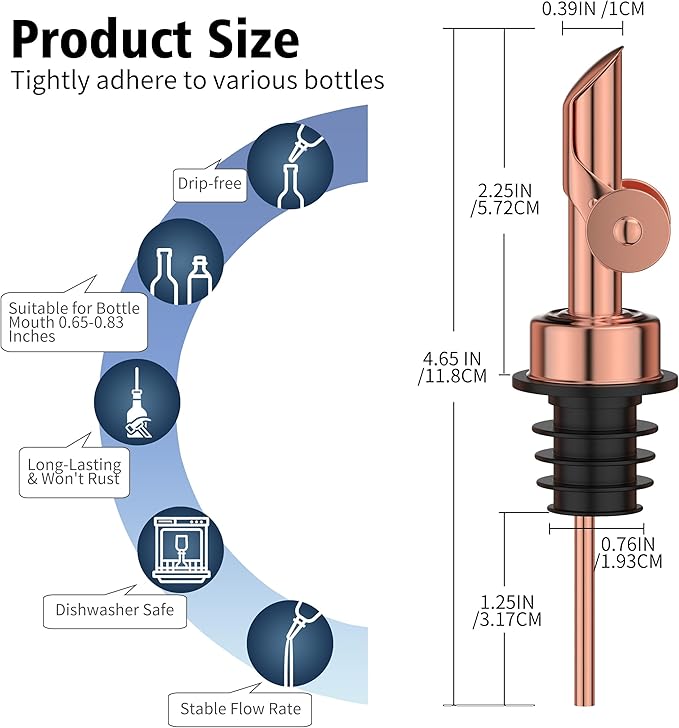Auto Flip Liquor Pour Spouts 6-Pack, Leak-Proof 304 Stainless Steel Wine Pourer & Olive Oil Dispenser with Food-Grade Silicone for Kitchen, Bar, Restaurant (Goldrose)