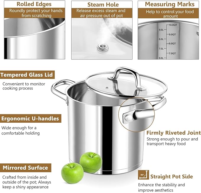 P&P CHEF 10 QT Stock Pot with Lid, Stainless Steel Large Cooking Pot, Soup Canning Stockpot for Stewing Simmering, Tri-ply Bottom for All Stoves, Heavy-Duty &Dishwasher Safe & Food-Grade