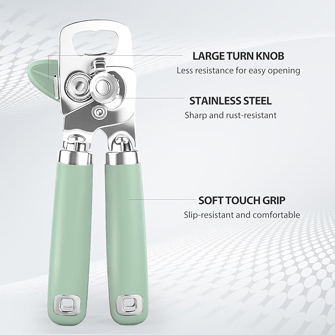 Can Opener Manual, Heavy Duty Stainless Steel Smooth Edge Can Opener With Soft Touch Handle, Oversized Handheld Easy Turn Knob, Multi-Function Bottle Opener, Mint