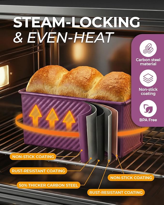 CARTMAN Bread Loaf Pan 2 Pack, 9x4 Pullman Loaf Pan with lid and a Silicone Spatula and Basting Pastry Brush, 1 lb Dough Capacity,Non-Stick Carbon Steel bread pans for homemade bread Plum Purple