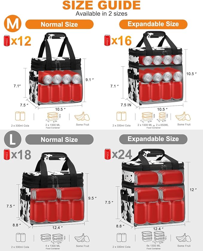 Lunch Box For Men Women Double Deck Insulated Lunch Bag For Men Woman Leakproof Expandable Cooler Bag with Adjustable Shoulder Strap for Work Picnic School(Cow Print,Medium)