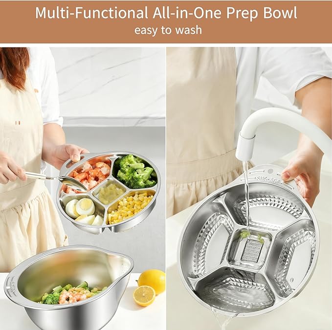 Rice Washer Strainer Bowl with Vegetable Divider Tray, Stainless Steel Rinser Washing Bowl, Small Colander Rice Strainer Versatile Kitchen Tool for Quinoa, Vegetables, Fruits, Beans Cleaning