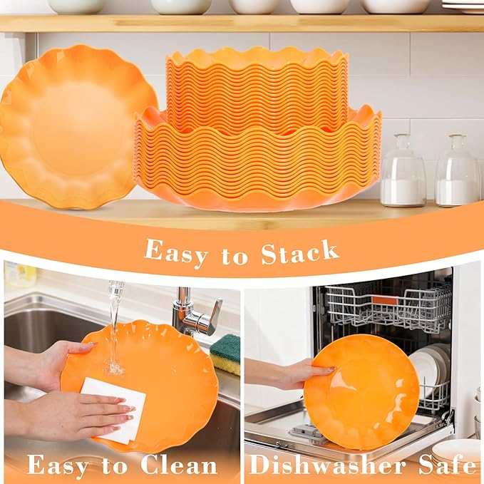 LIYH 50 Pcs Orange Scalloped Heavy Duty Reusable Unbreakable Plastic Plates for Party, Dishwasher Safe BPA Free (25 Guests) - 10 Inch Dinner Plate and 7.5 Inch Dessert Plates
