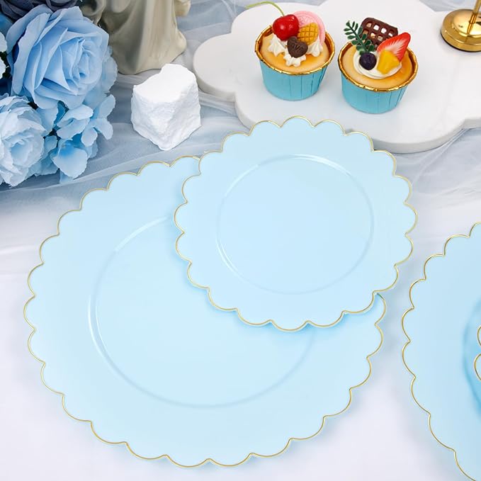 LIYH 60 Pcs Baby Blue Plastic Plates with Gold Edge - Disposable Light Blue Plastic Easter Plates Includes 30 Dinner Plate 10.25" and 30 Dessert Plate 7.5" for Party Birthday Easter