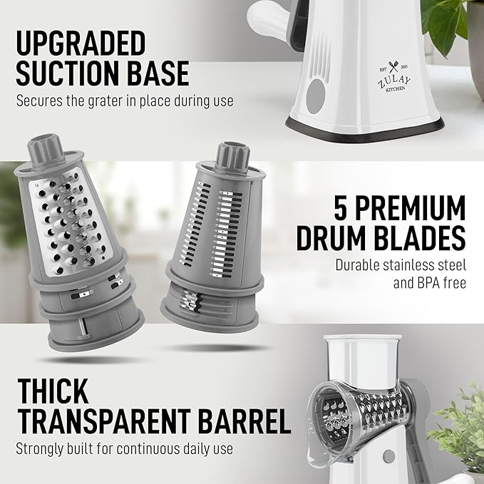 Zulay Kitchen Rotary Cheese Grater 5 Blade Cheese Shredder - Manual Hand Crank Cheese Grater With Reinforced Suction & 5 Interchangeable Drums - Easy to Use, Vegetable Chopper Round Mandoline Slicer
