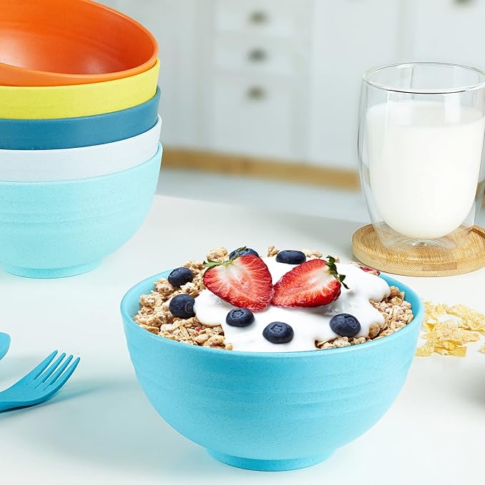 Unbreakable Cereal Bowls Set of 6, 24 OZ Made from Wheat Straw, Microwave & Dishwasher Safe, BPA-Free, for Dessert, Cereal, Serving, Soup, Oatmeal, Pasta, Salad, Lightweight Soup