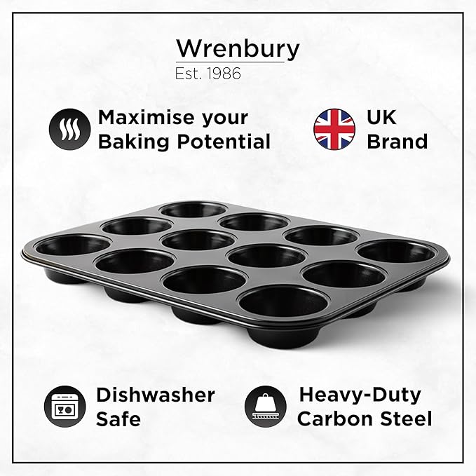 Wrenbury Nonstick Muffin Pan 12 Cup – Deep Cupcake Yorkshire Pudding Tin, PTFE & PFOA Free Carbon Steel, Warp Resistant Baking Tray for Even Bakes
