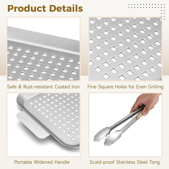 Grill Basket Pan, 2 Pack Grill Pans for Outdoor Grill, Stainless Grilling Food Tray with Grill Tong,BBQ Grilling Baskets Barbecue Accessories for Vegetables, Fish, Meat, and Seafood