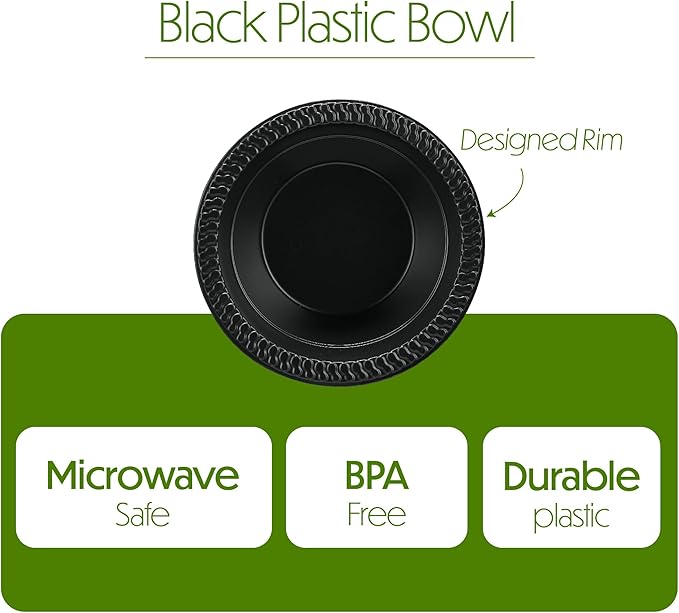 PLASTICPRO 200 PCS Black Plastic Bowls Light Weight 12 oz Plastic Soup Bowls Black Salad Plates Disposable for Party and Wedding