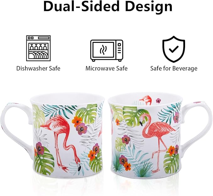 Flamingo Coffee Mug, Pink Flamingo & Tropical Greenery Ceramic Mug, 12oz New Bone China Tea Mug, Birthday & Valentine’s Day Gift for Women & Girls, Designed in England by Harvest Green Studio