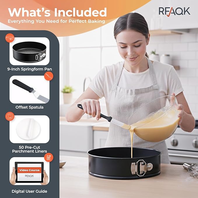 RFAQK Non-Stick 9 Inch Springform Pan - Spring form Pan for Cheesecake with Removable Bottom, Bonus Icing Spatula with 10 Pcs Parchment Paper & Recipe E-Book - Ideal for Baking Cakes, Pizzas, & More!