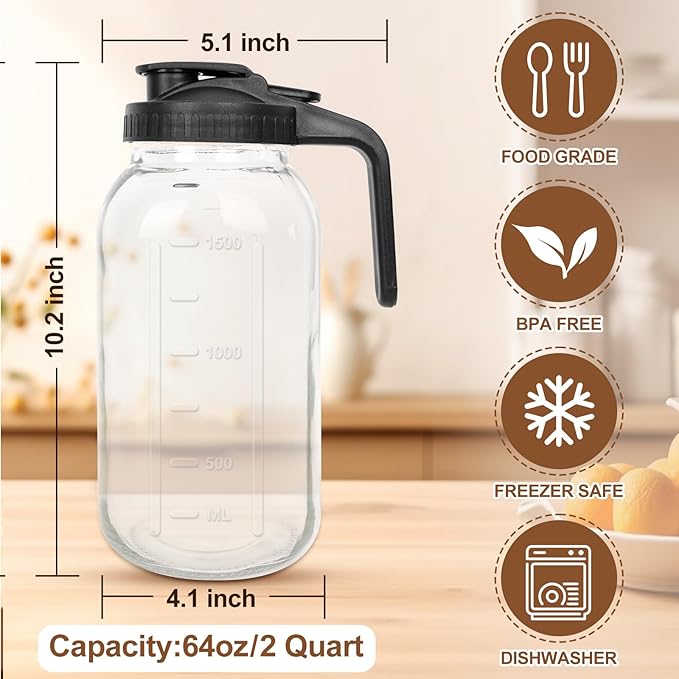 2 Pack 64 oz Glass Pitchers with Lid,2 Quart Sun Tea Glass Jars for Outside,Half Gallon Wide Mouth Mason Jar Pitchers with Convenient Handle and Leak-Proof Design for Ice Tea，Breast Milk，Iced Coffee