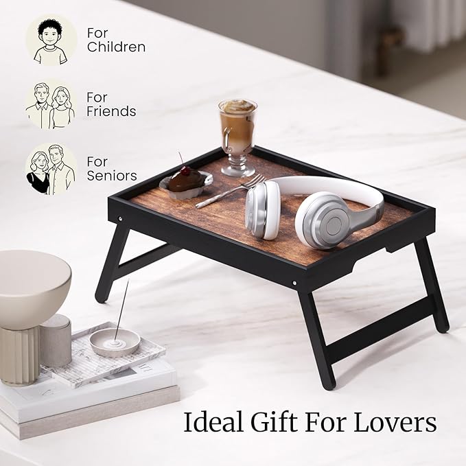 2 Pack Wooden Bed Tray Table with Folding Legs,Breakfast Trays,Serving Tray for Food and Snack,Laptop Trays for Working