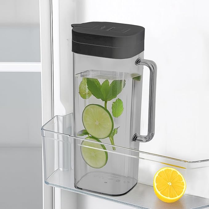SlimFit 2 Quart (2 Liter) pitcher with lid - Water jug for fridge door - Leakproof 64oz plastic pitcher with lid - Drink Container for Juice, Iced Tea, Coffee, BPA-Free Plastic, Black