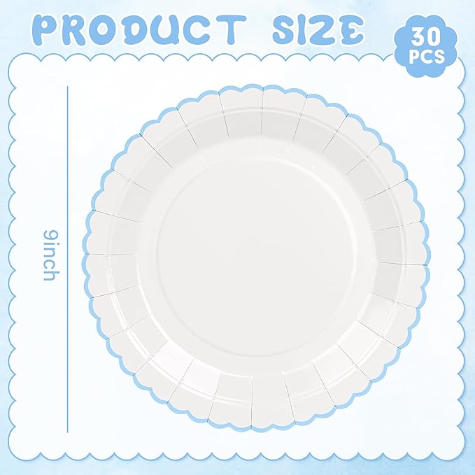 30 Pcs Blue and White Paper Plates, 9 Inch Baby Shower White Dinner Plates, Baby Blue Scalloped Paper Plates Party Supplies for Baby boy Shower, Wedding, Birthday, Bridal Shower
