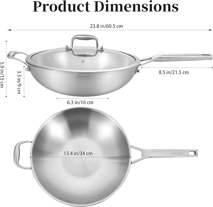 Inqibee 13 Inch Stainless Steel Wok with Lid, Induction Compatible Stir Fry Wok Pan, Long Handle & Helper Handle, Tri-Ply Construction, Works on All Stovetops, Oven & Dishwasher Safe